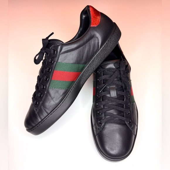 Gucci Men’s Ace Black Leather Python Embossed  Lace Up Sneakers Size- 9.5 - Picture 2 of 12